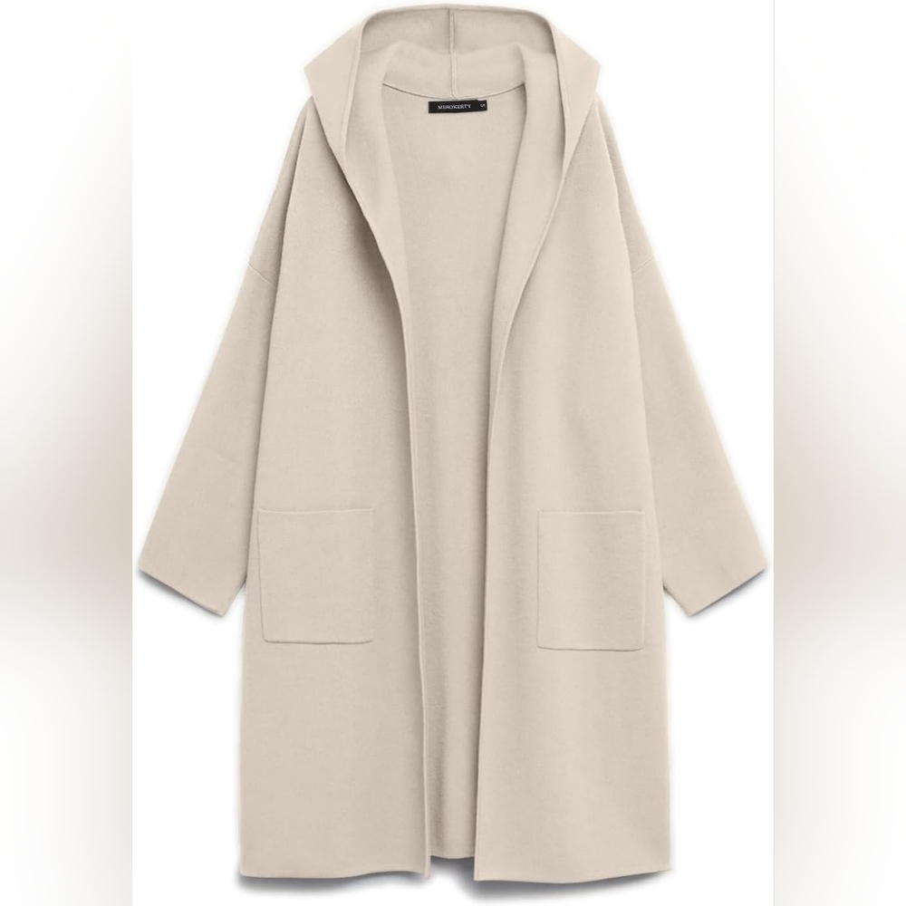 MEROKEETY Hooded Knit Cardigan in Light Taupe